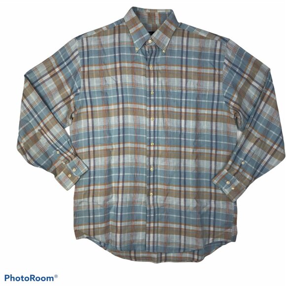 JOS A. BANK Linen Shirt Men M Button Up Long Sleeve Blue  & Tan Plaid - Picture 1 of 7